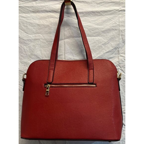 Red Solid Pattern Faux Leather Tote Bag Top Zip Inner Pockets with Strap 15”x12” - Picture 1 of 6